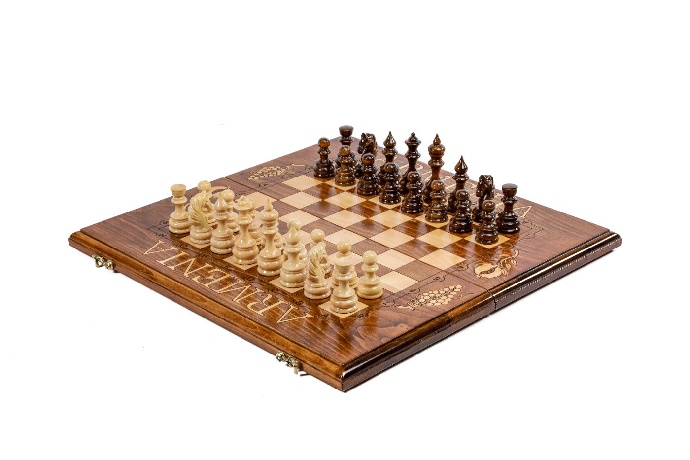 Armenian wooden chess set with engraved grape vine and pomegranate motifs — by Hrachya Ohanyan
