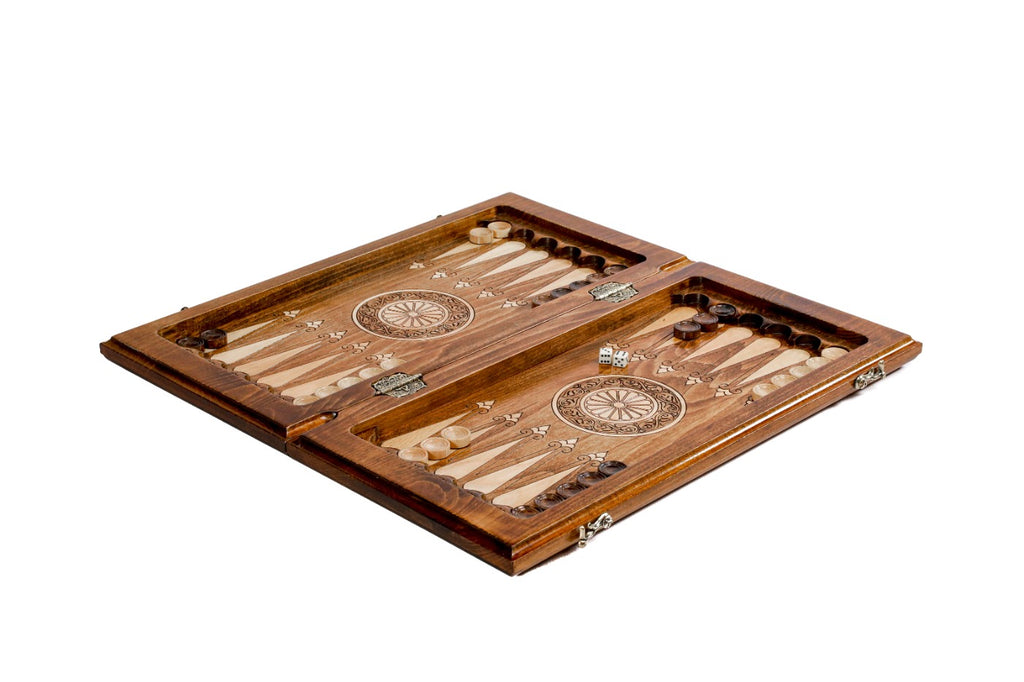 Armenian themed wooden chess set with carved cultural motifs — 2-in-1 chess and backgammon board