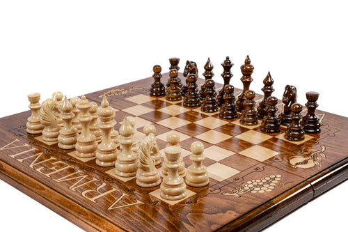  Handcrafted Armenian chess board and backgammon set with engraved Armenia lettering in beech wood