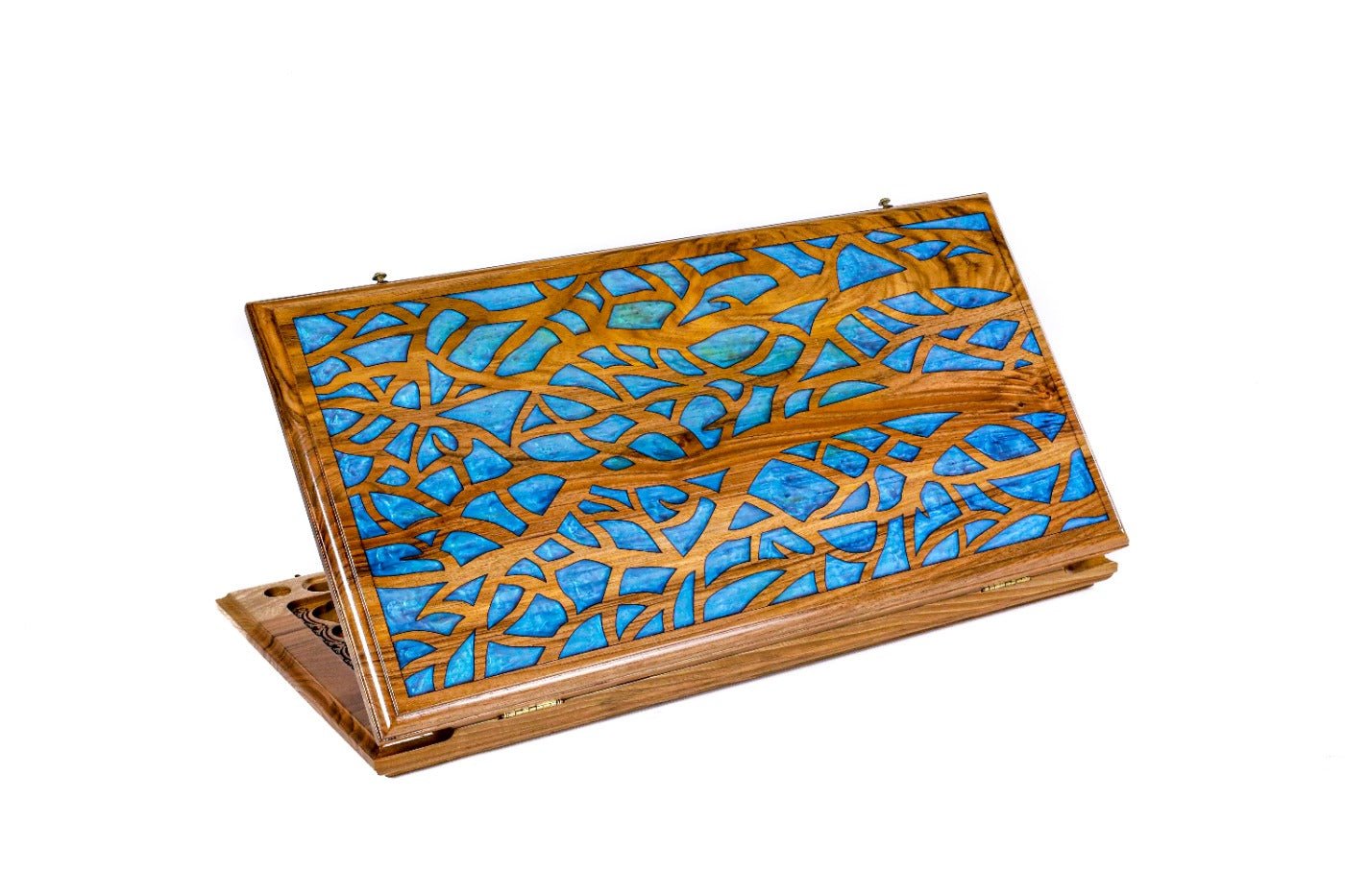 Exterior view of the wooden backgammon board featuring striking epoxy resin details.