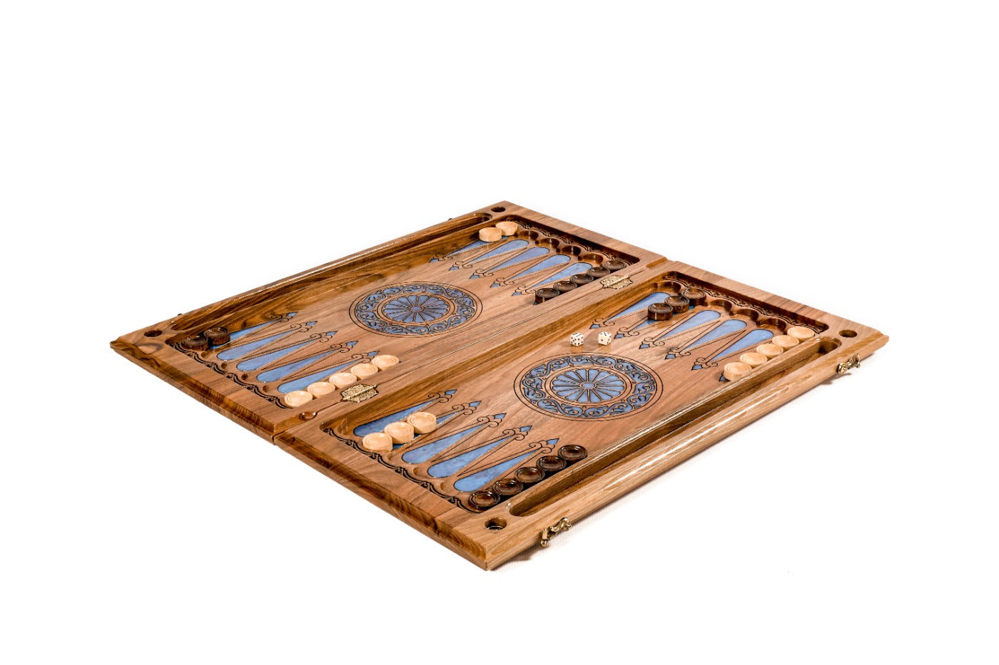 Close-up of the high-gloss epoxy backgammon finish and premium craftsmanship.