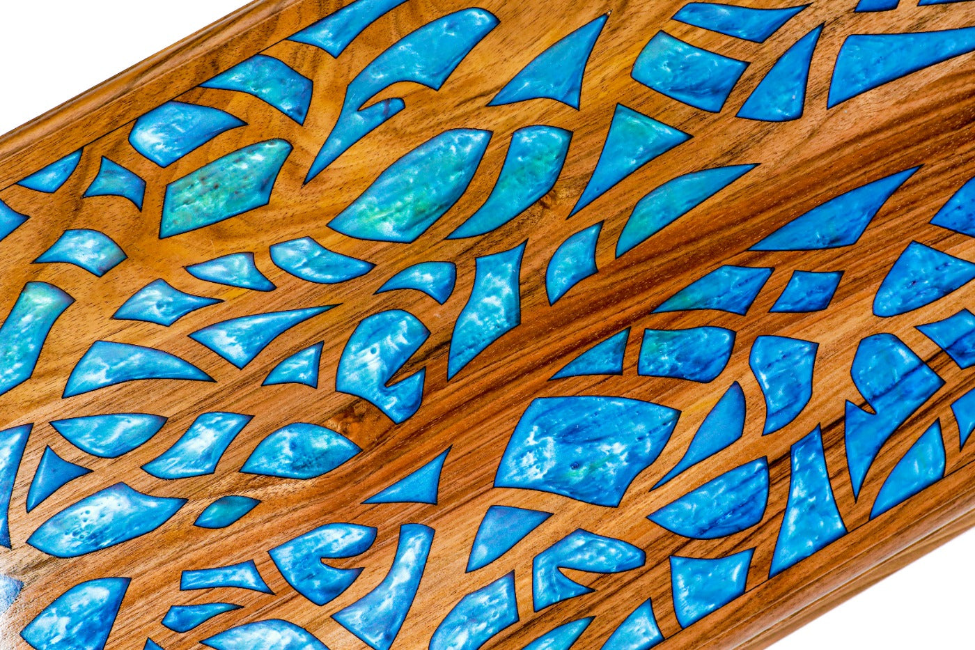 Open Armenian backgammon set showing the smooth epoxy and wood interior playing surface.