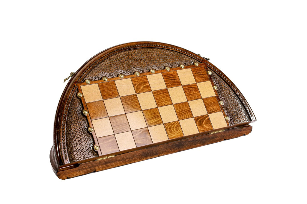 wooden chess set with unique circular layout