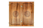Open walnut backgammon board 60 cm from above: points in line work, petal wheel on each half
