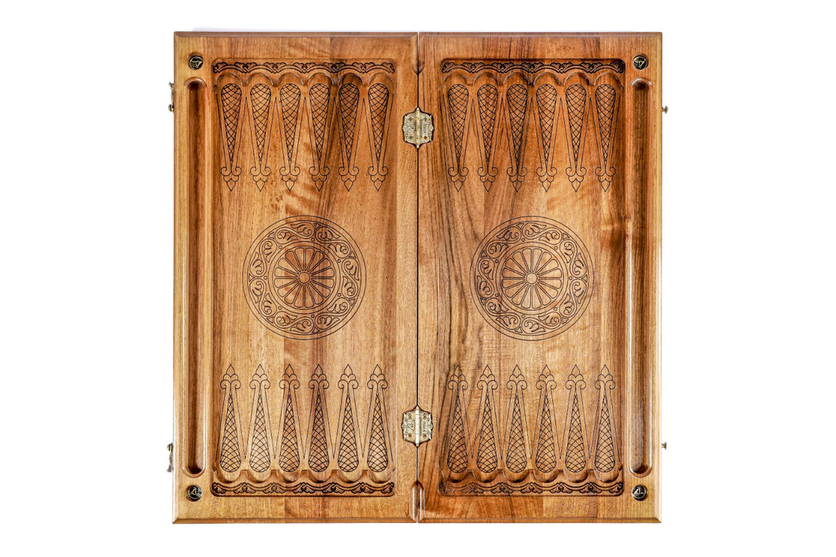 Open walnut backgammon board 60 cm from above: points in line work, petal wheel on each half