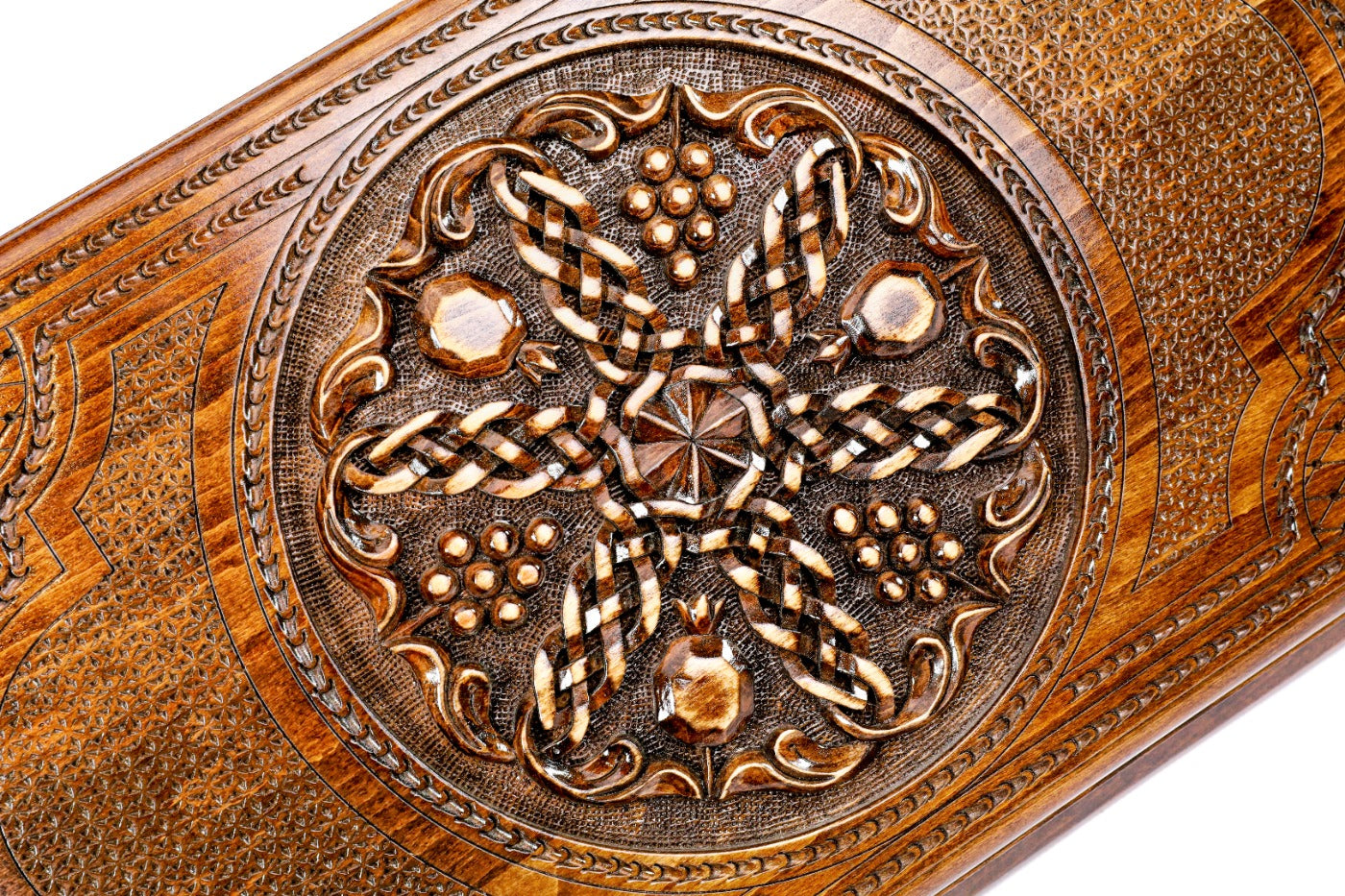 The interior view of the open wooden backgammon set highlighting the smooth grain and the professional-grade playing pips.