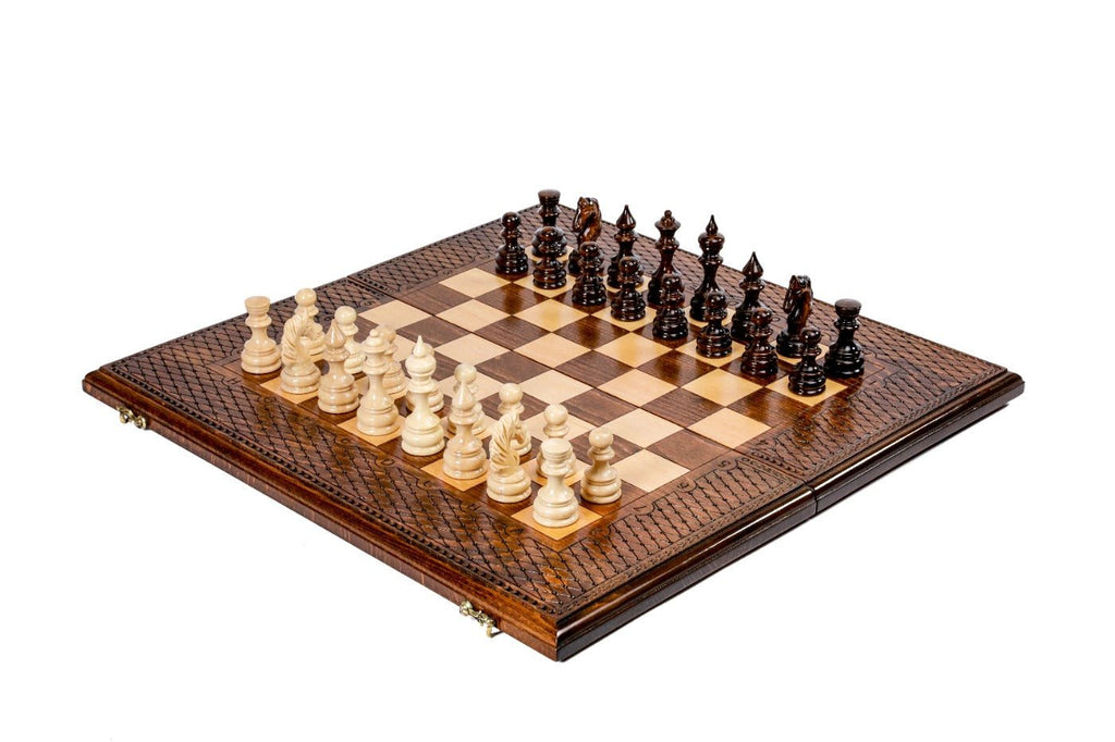 Wooden chess set with hand-carved diamond pattern border in dark beech wood — by Hrachya Ohanyan