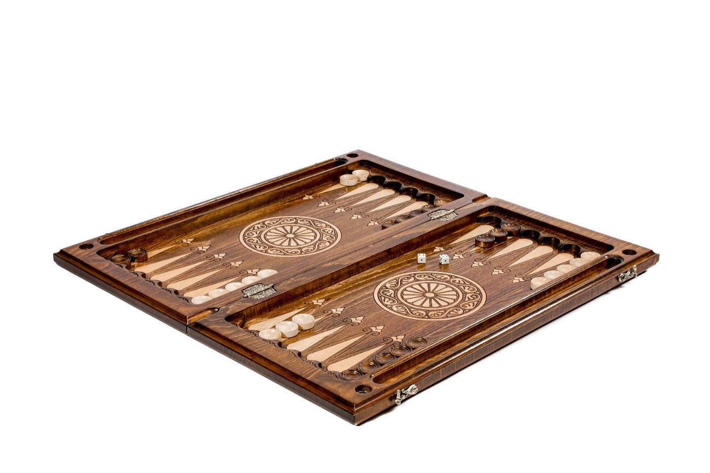 Dark beech wood chess and backgammon set with dense hand-carved diamond border detailing