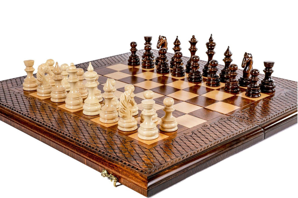 Handcrafted wooden chess board and backgammon set with crosshatch carved border — 23.6" large format