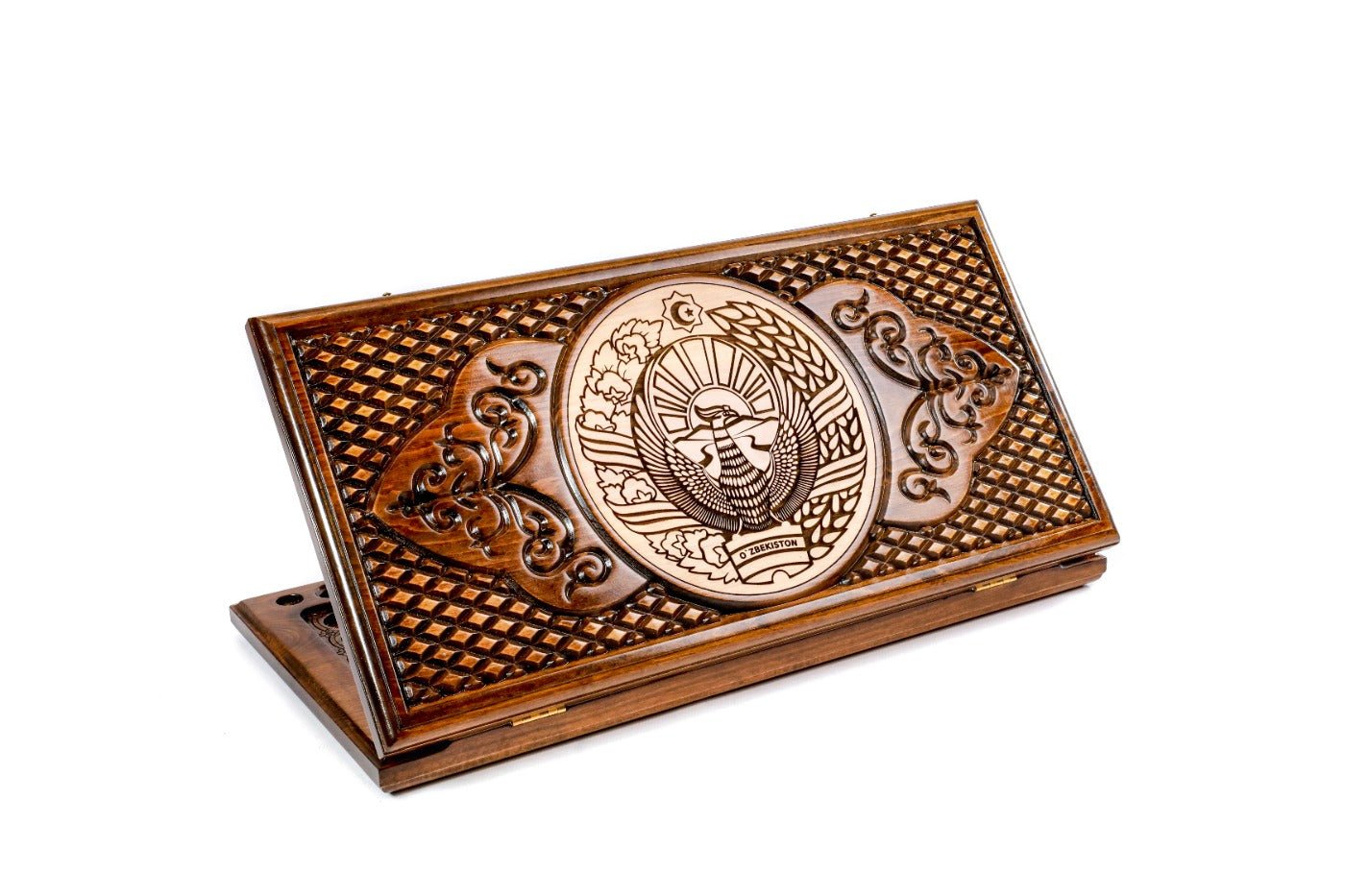 Wooden backgammon board with Coat of Arms of Uzbekistan design 23.6 inch