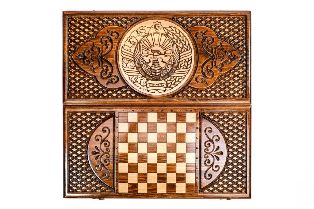 Wooden Backgammon Board Coat of Arms of Uzbekistan 23.6" | 60 cm - Unumperfectus