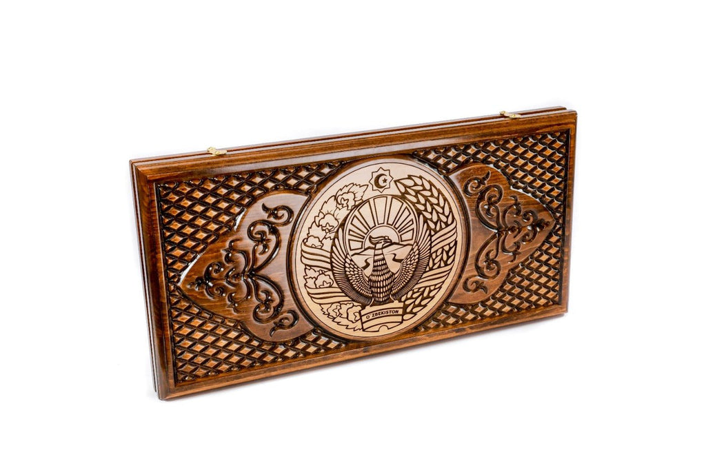 Wooden Backgammon Board Coat of Arms of Uzbekistan 23.6" | 60 cm - Unumperfectus