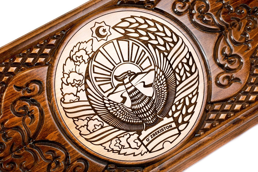 Handcrafted backgammon set with Uzbekistan emblem detailing