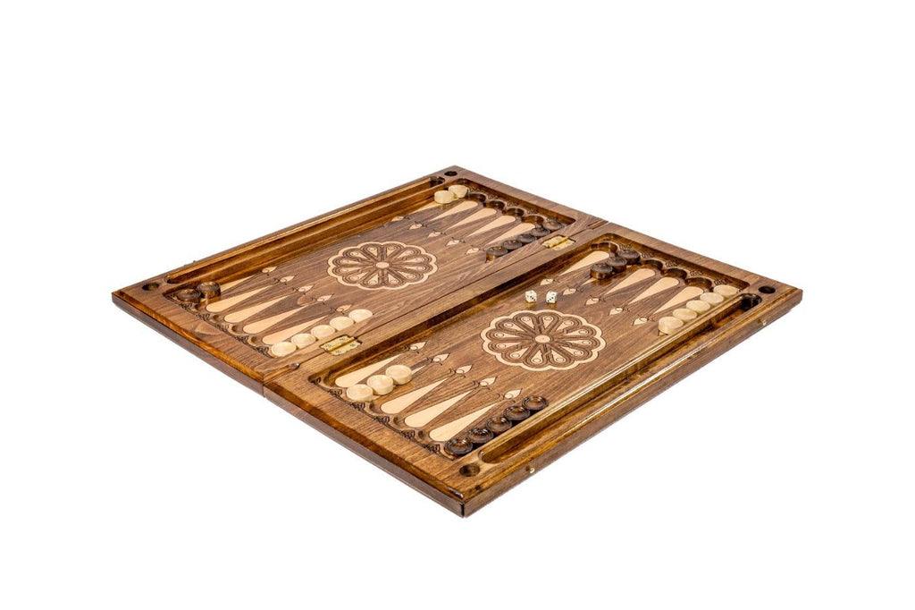 Large wooden backgammon board with classic ornament pattern design