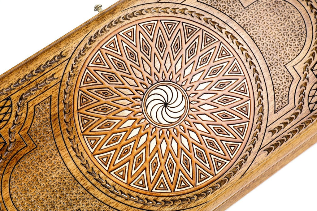 Luxury backgammon board with ornamental epoxy artistic pattern
