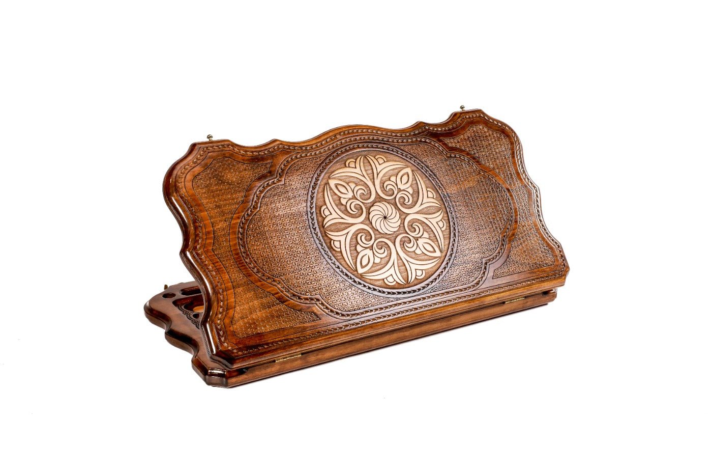 Wooden backgammon board with ornamental carved design 23.6 inch