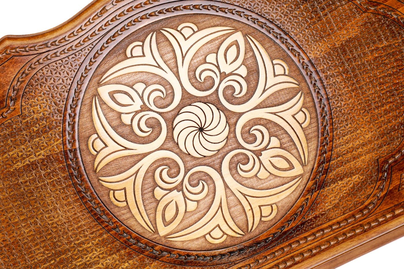 Handcrafted backgammon set with decorative ornamental detailing