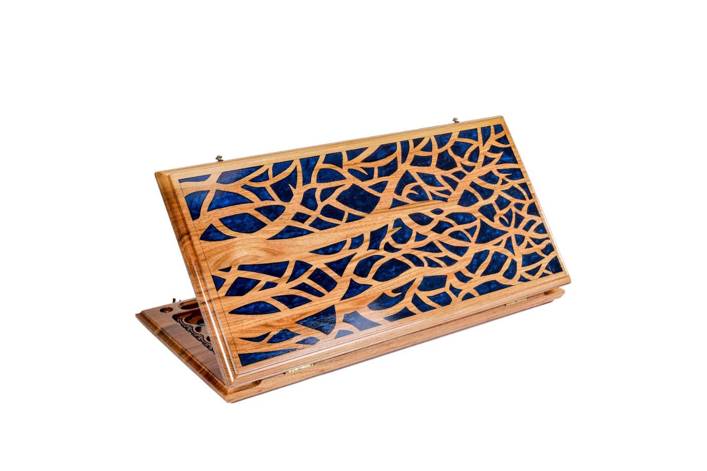 Dark blue epoxy tree wooden backgammon board two sided handcrafted design
