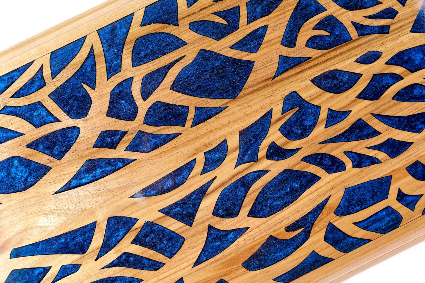 Luxury backgammon board with blue epoxy tree artistic pattern wood finish