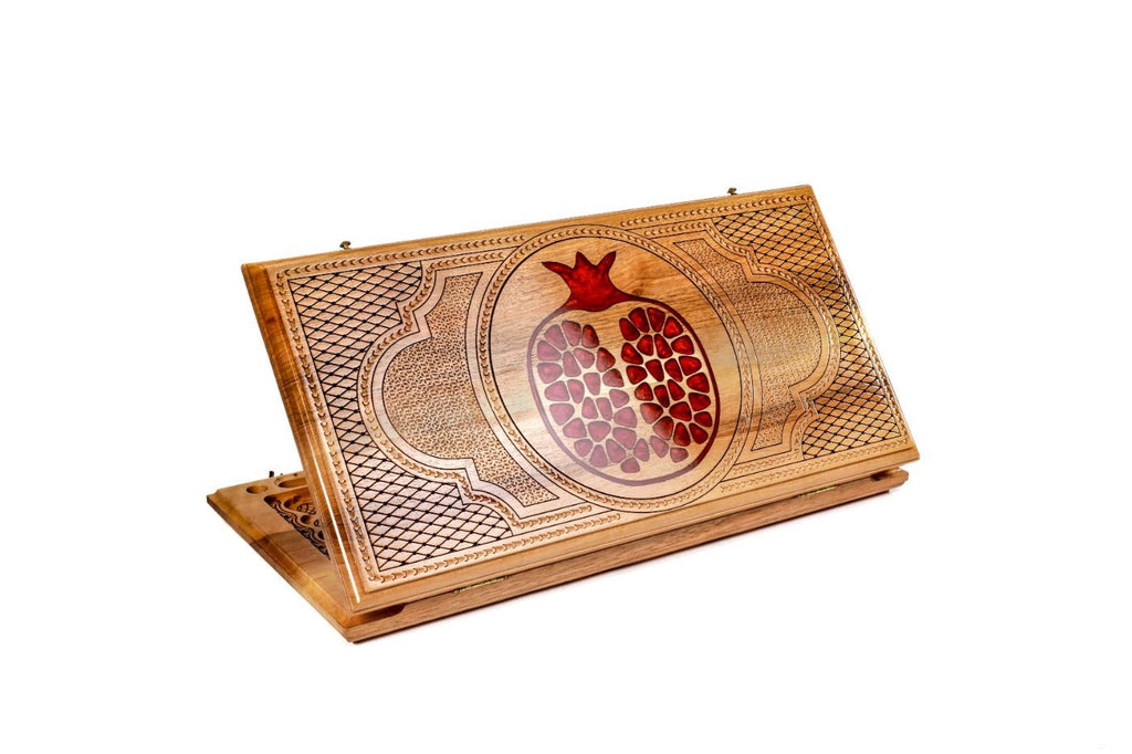 Pomegranate wooden backgammon board with red epoxy handcrafted design