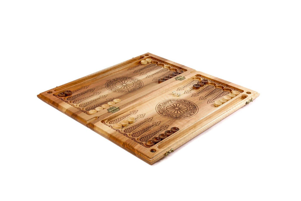 Premium handcrafted wooden backgammon board pomegranate design with epoxy red detail