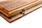 Pomegranate Classic Red Epoxy backgammon board - close-up of the carved design