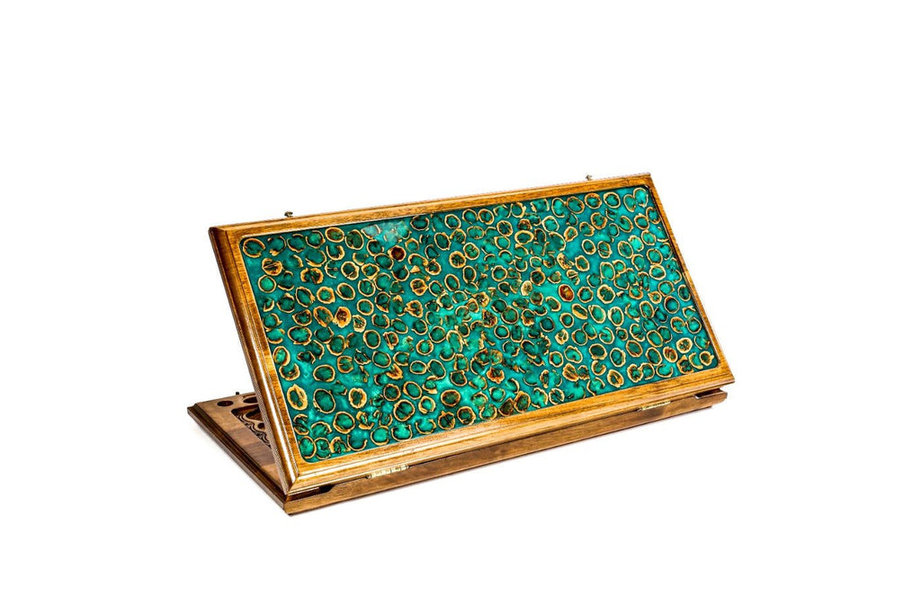 Nut peel epoxy wooden backgammon board two sided handcrafted design