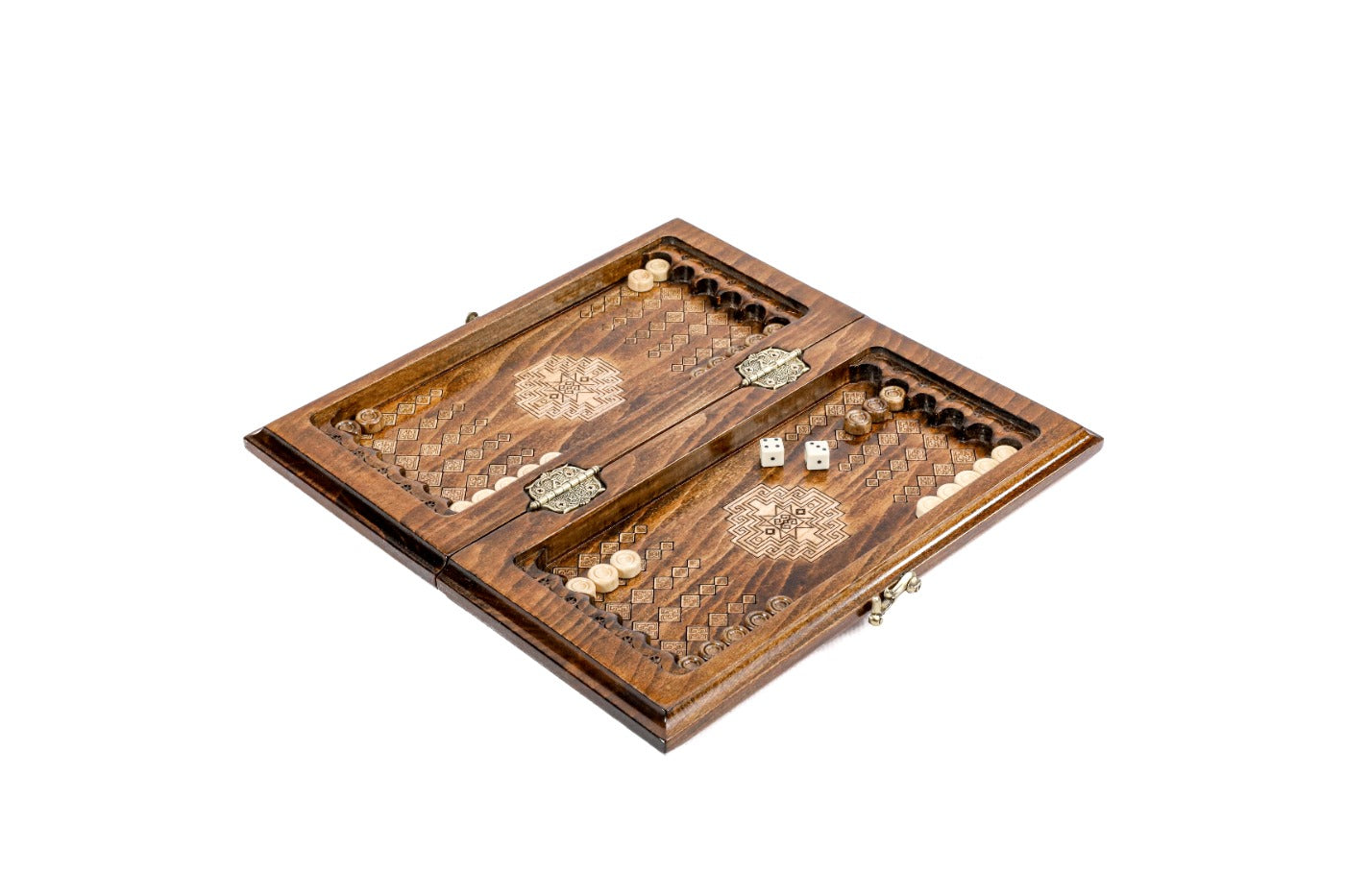 A close-up view of the intricate geometric details and the satin finish of the solid wood craftsmanship.