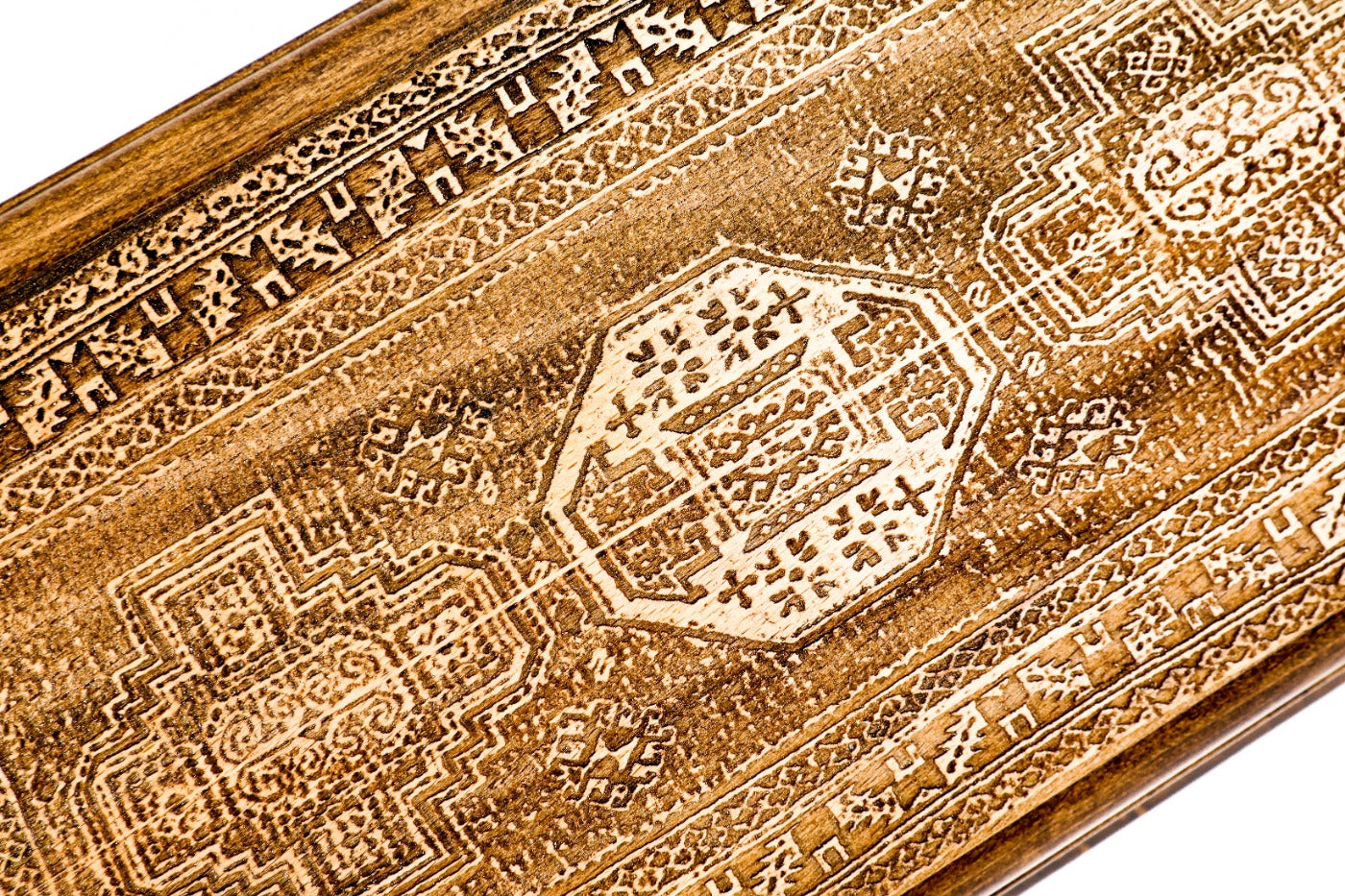 The open interior of the classic backgammon set showing the rich natural wood grain and perfectly aligned pips.