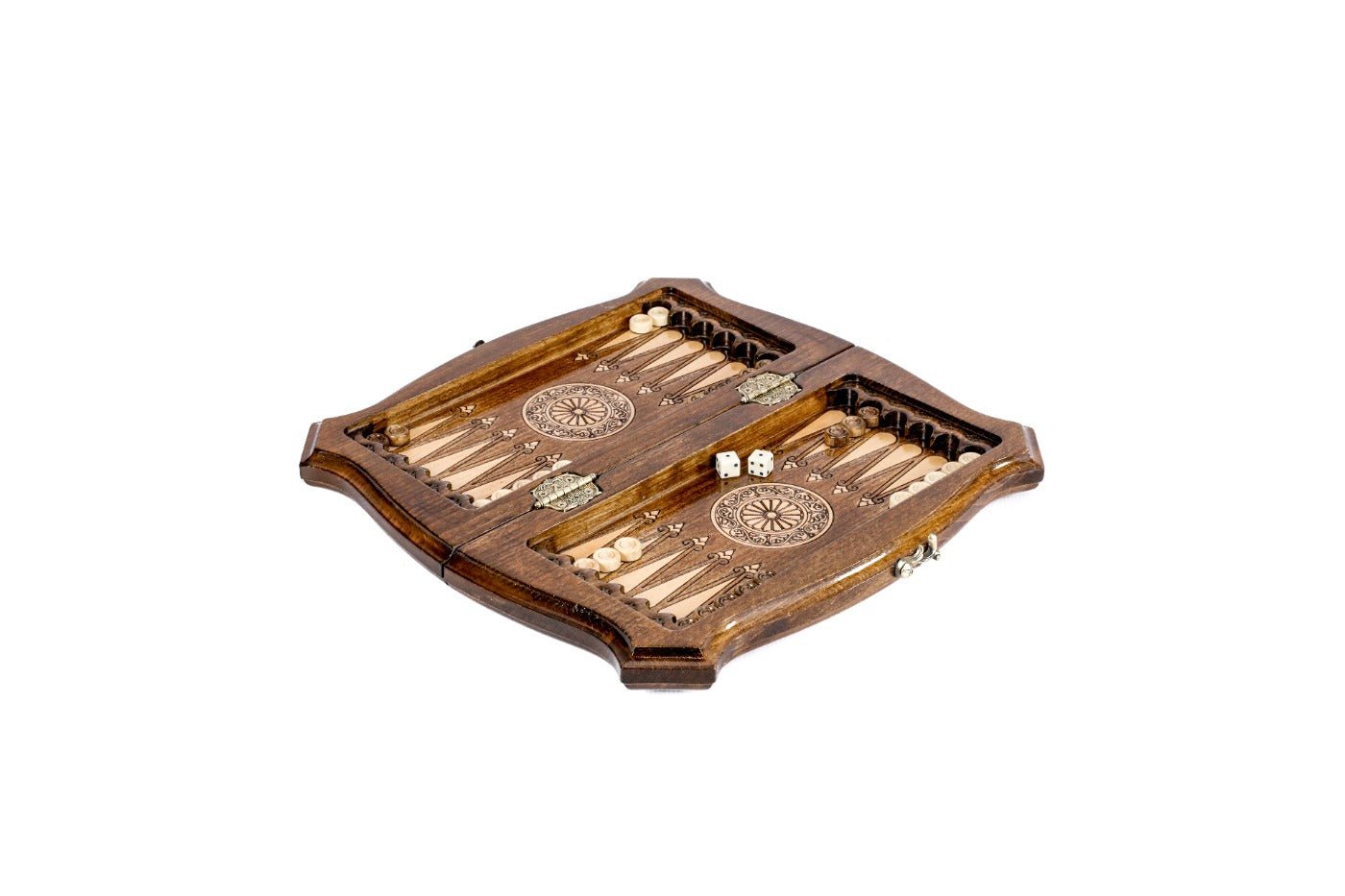 Beech wood chess and backgammon set with contour shaped silhouette and hand-carved braided border