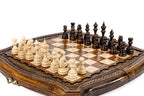 Handcrafted wooden chess board with sculpted curved edges and braided border — 2-in-1 set