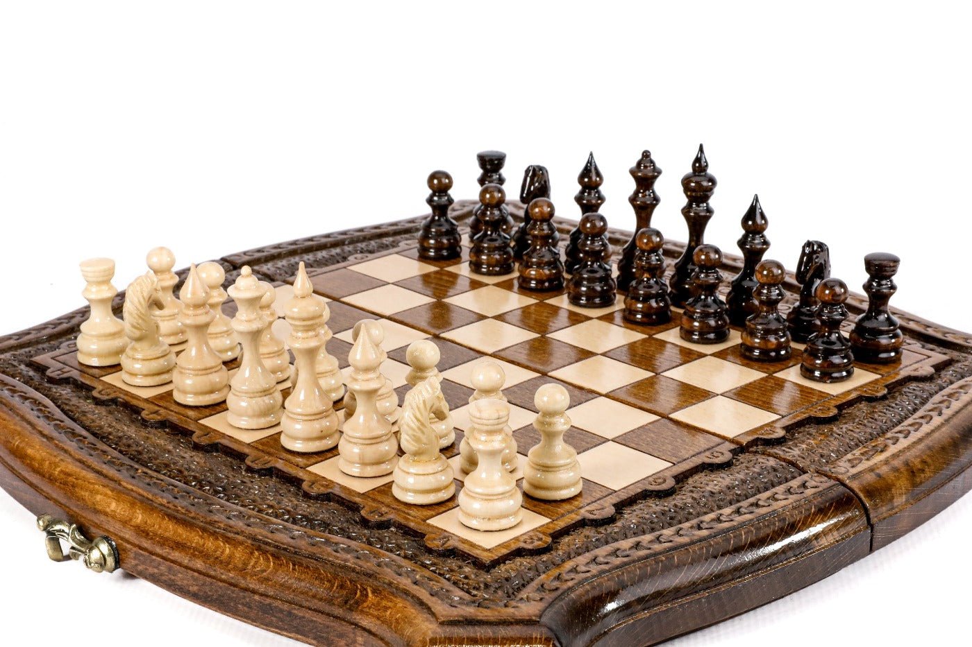 Handcrafted wooden chess board with sculpted curved edges and braided border — 2-in-1 set