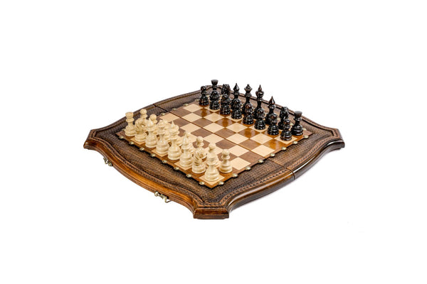 Luxury wooden chess and backgammon set in the curved contour outline, pieces set for play