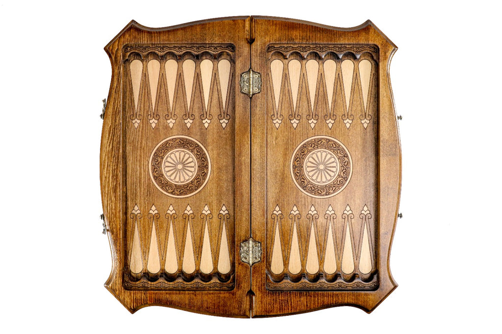 Backgammon field of the contour combo set laid flat, carved points and central wheel ornaments