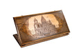 A frontal shot of the closed Etchmiatsin backgammon board by Hrachya Ohanyan showing the detailed cathedral carving.