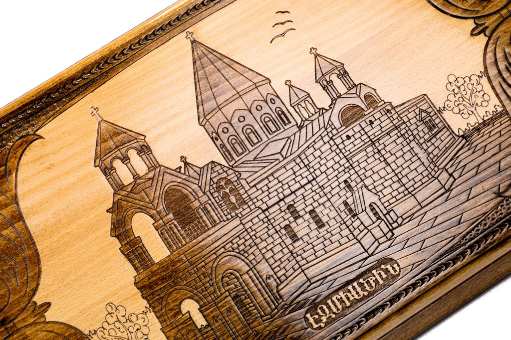 The interior view of the open Holy Etchmiadzin backgammon set highlighting the smooth grain and professional pips.