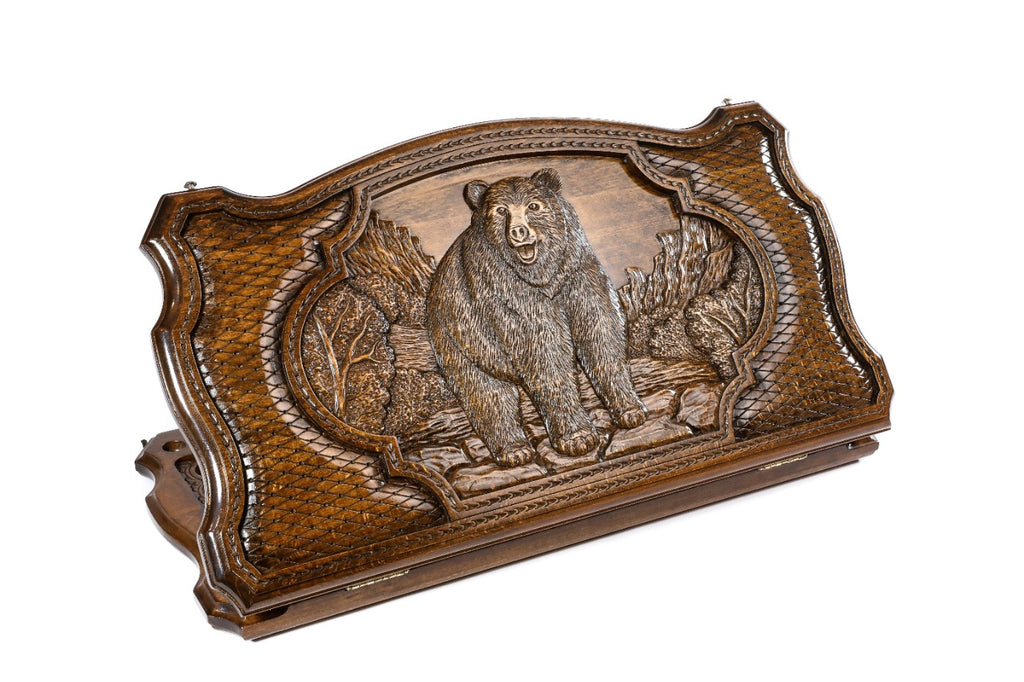 Exterior view of the wooden backgammon board featuring the detailed bear motif and copyrighted contour outline.