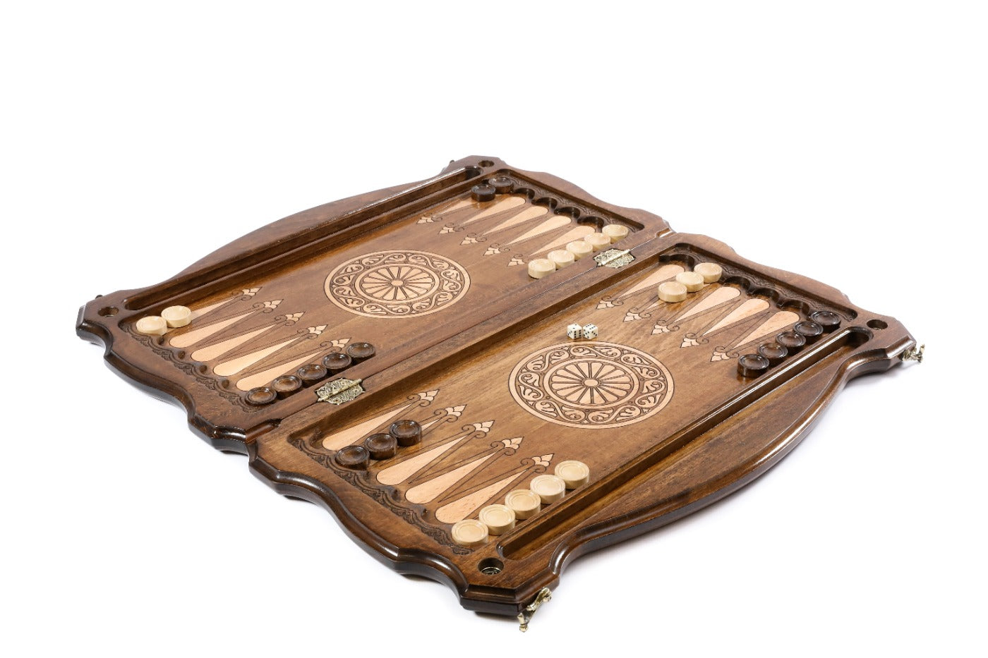 Close-up of the carved bear design and solid wood finish on this premium backgammon set.