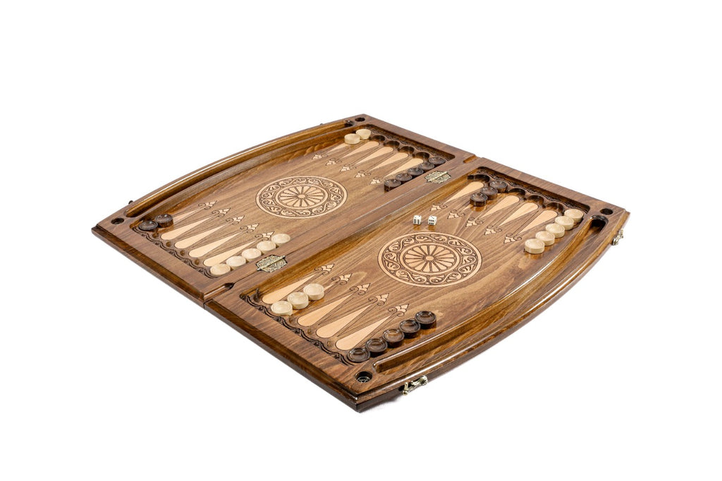 A close-up view focusing on the sharp, detailed heraldry of the eagle and lion on the textured solid wood surface.