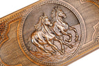The interior of the open wooden backgammon board highlighting the smooth, polished playing field and pips.