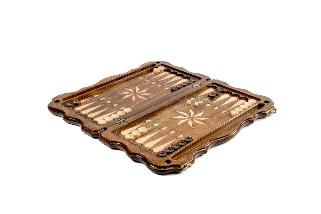 Large wooden backgammon board with symbolic Tiger Octagram design