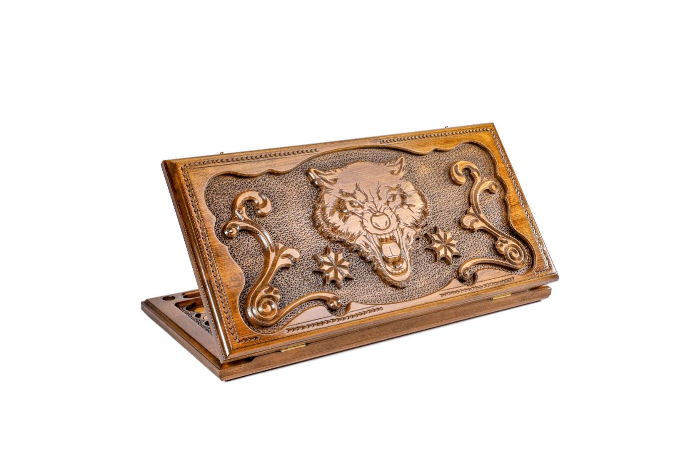 Wooden backgammon board with wolf design 23.6 inch