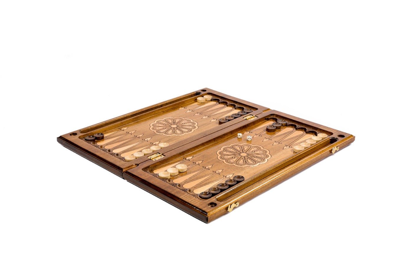 Large wooden backgammon board with symbolic wolf design
