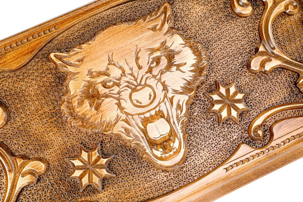 Handcrafted backgammon set with wolf motif detailing
