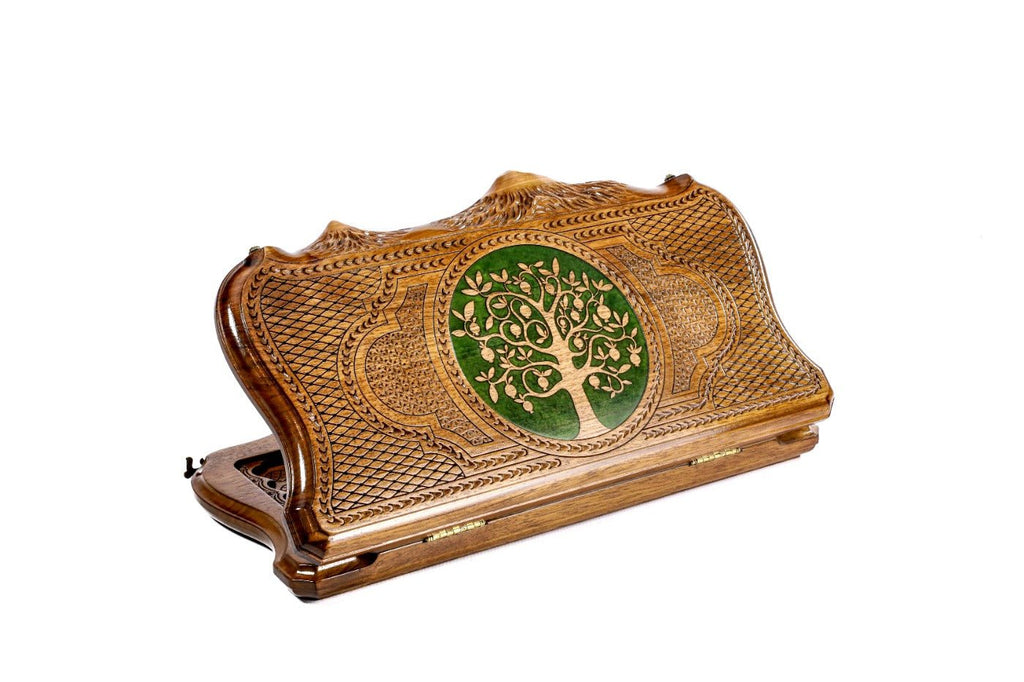 Pomegranate tree epoxy backgammon board with Mount Ararat outline design