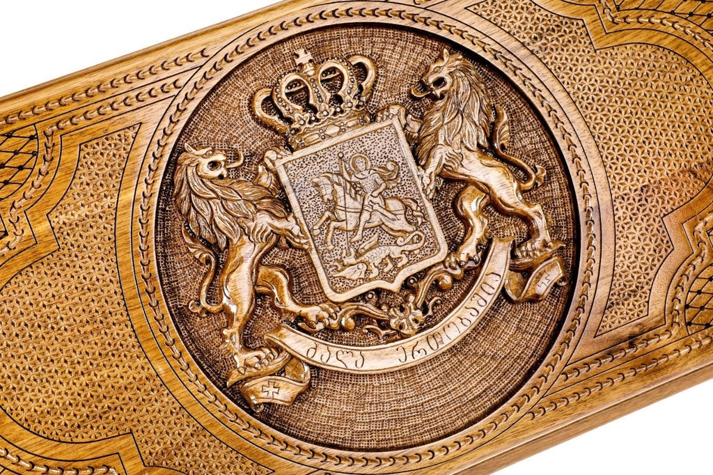 Luxury backgammon board with Georgia heraldic wooden engraving detail