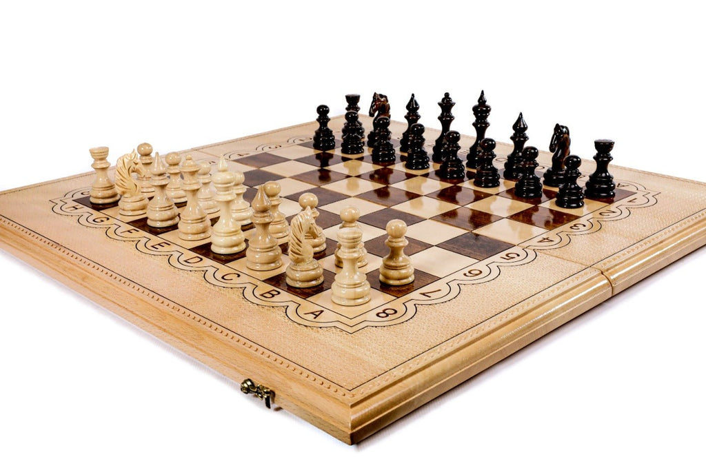 Large handcrafted wooden chess board and backgammon set with elegant carved detailing