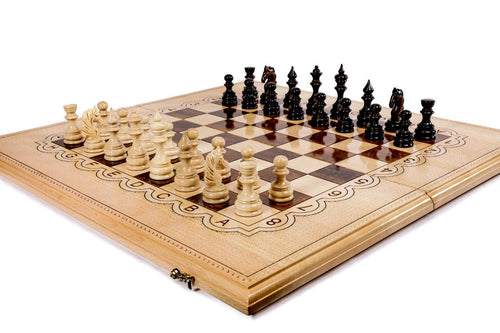 Large handcrafted wooden chess board and backgammon set with elegant carved detailing