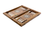 Solid walnut luxury chess and backgammon set with hand-carved diamond border and white inlaid squares