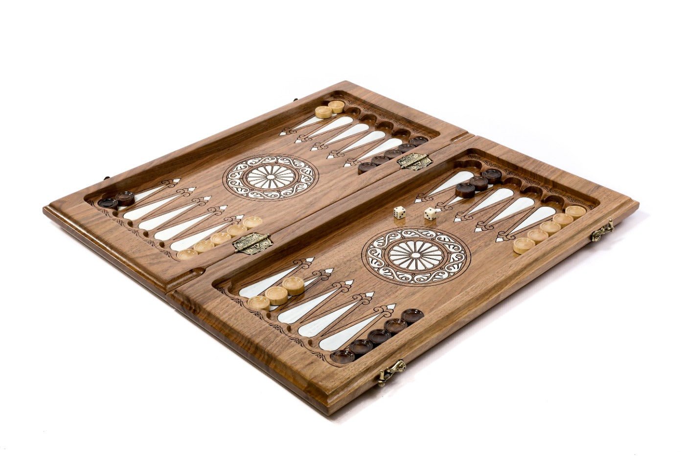 Solid walnut luxury chess and backgammon set with hand-carved diamond border and white inlaid squares